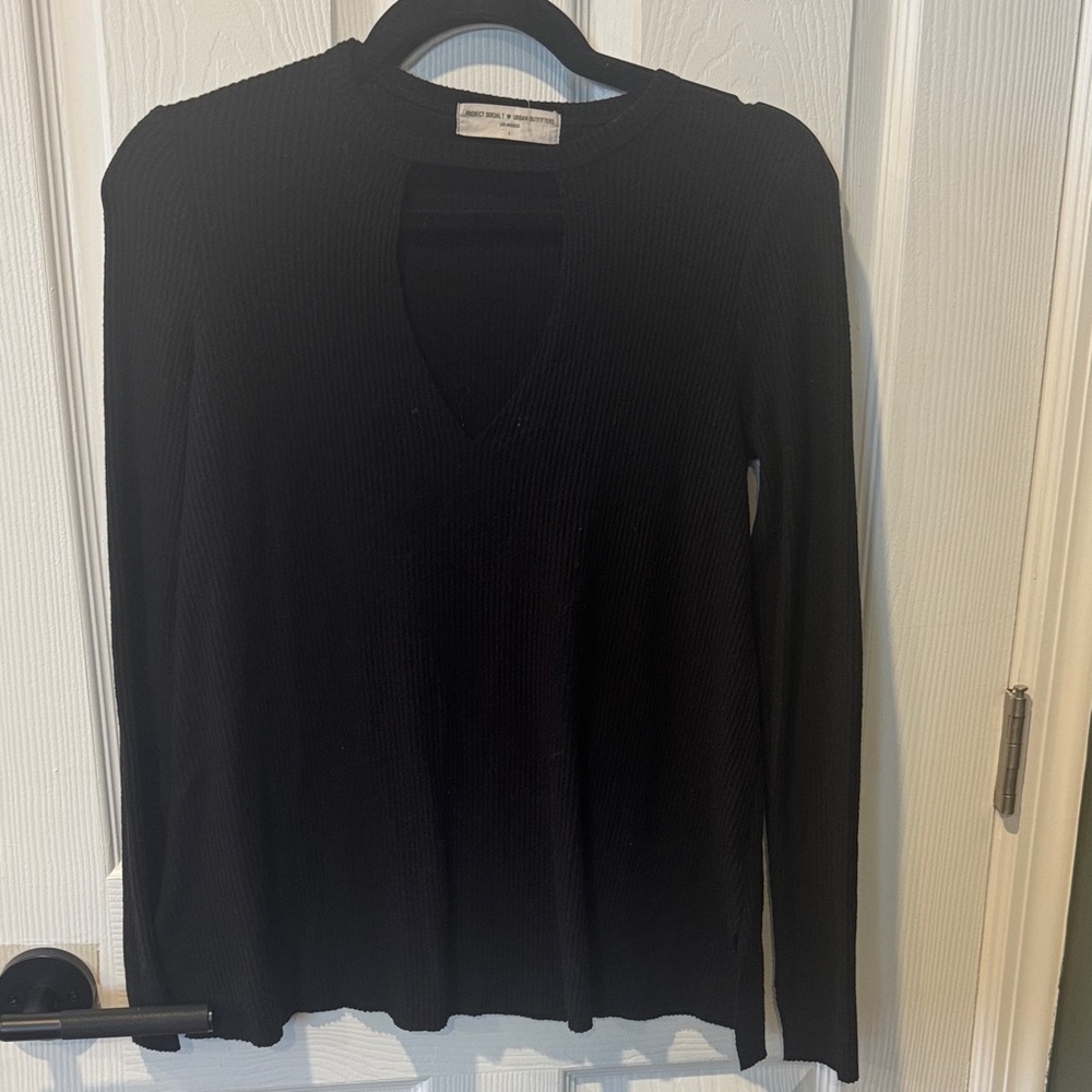 Urban Outfitters Black Ribbed Long-Sleeve Top with V Cutout